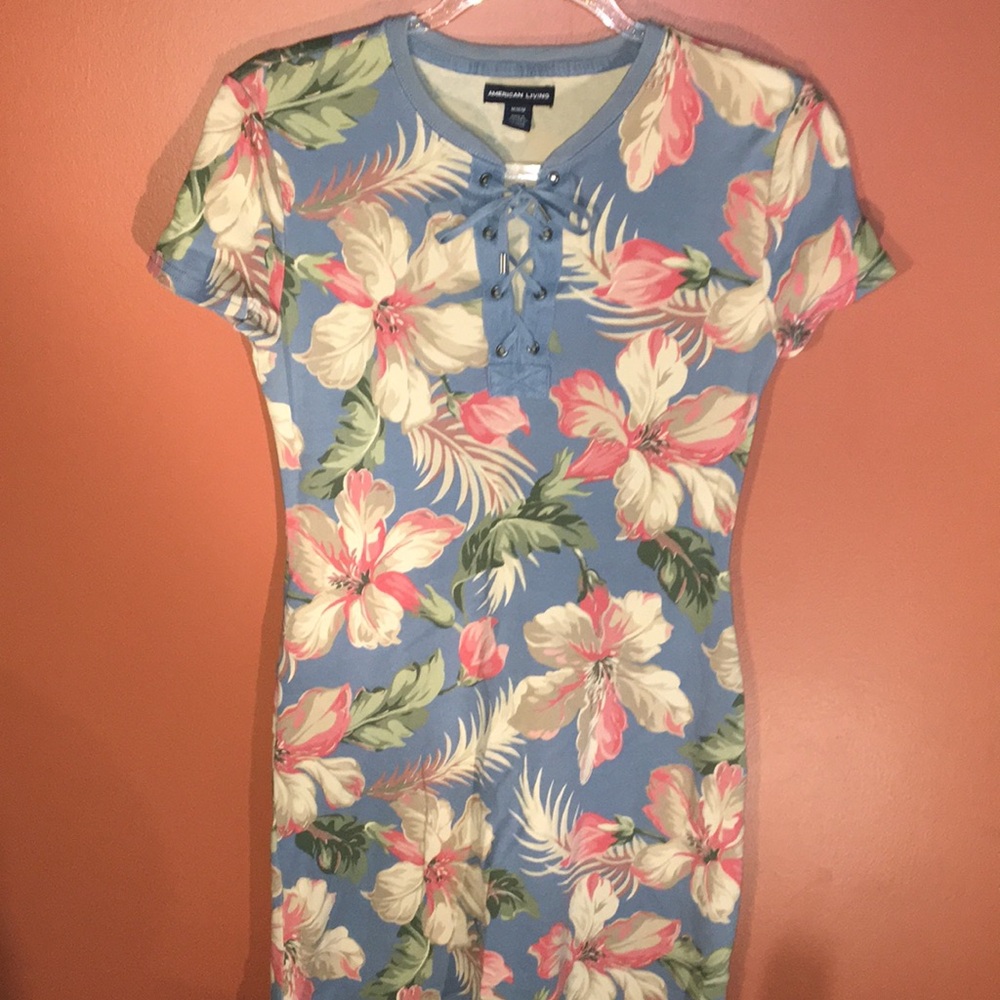 American Living Tropical Floral Blue Tee Shirt Dress Lace Up Front Short Sleeve - Picture 3 of 17
